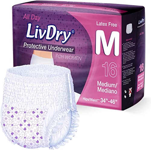 Livdry M Adult Diapers Women Overnight Incontinence Underwear, Ultimate Max Absorbency, All Day or Night Protection, Medium (16 Count)
